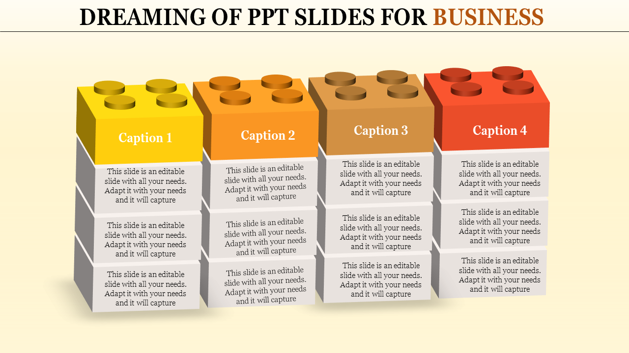 Four colorful 3D building blocks stacked vertically in yellow, orange, brown, and red, each labeled with captions.