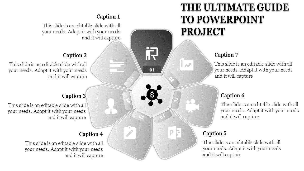 Seven step project diagram with a central dollar icon and surrounding segments labeled with icons and captions areas.