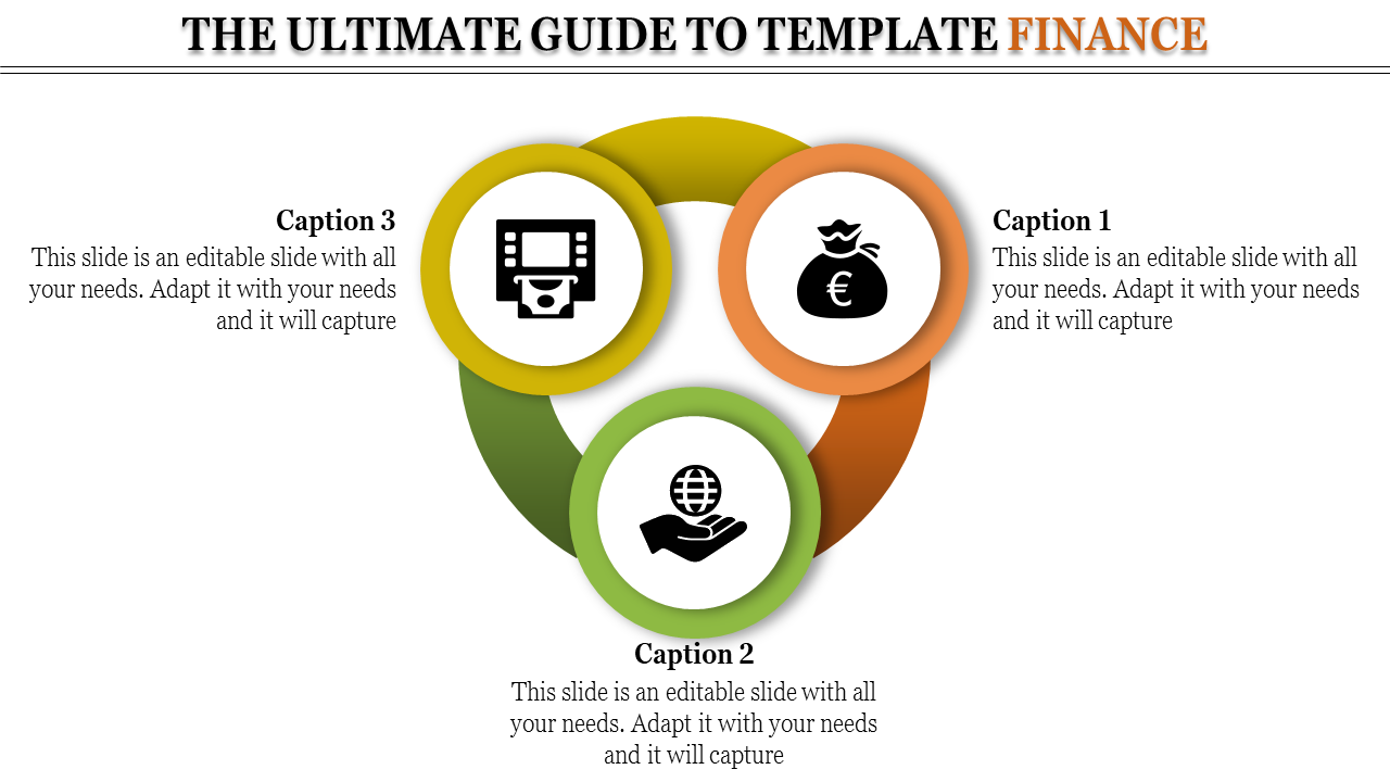 PowerPoint slide with finance related icons representing ATM, money bag, and globe in a circular layout with captions.