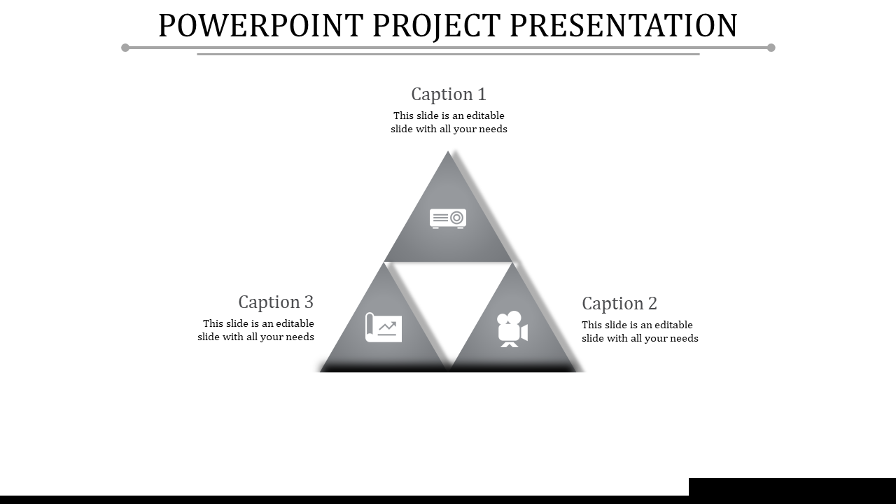 Minimalist triangle graphic divided into parts with icons representing a projector, chart, and video, linked to captions.