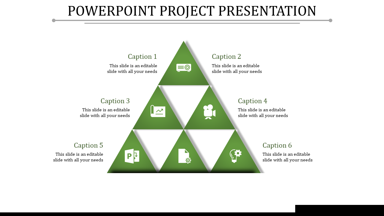 Green triangular project template with six captions, each featuring an icon representing different aspects of the project.