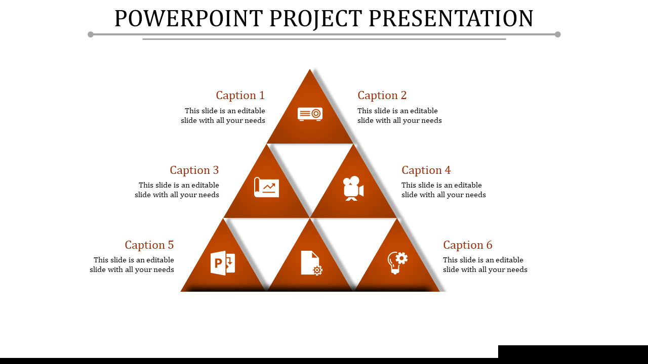 Orange triangular layout with six icons in smaller triangles and captions surrounding a central pyramid structure.