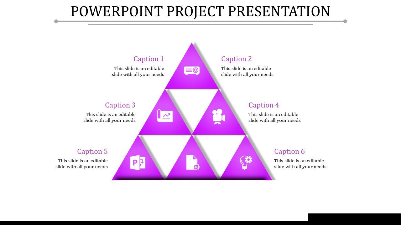 Project PPT template with a pyramid shape featuring six sections, each with icons and captions.