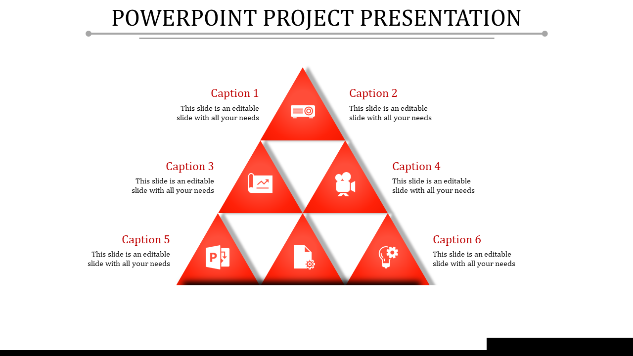 Red pyramid graphic divided into six segments with icons representing various project concepts placed in a white backdrop.