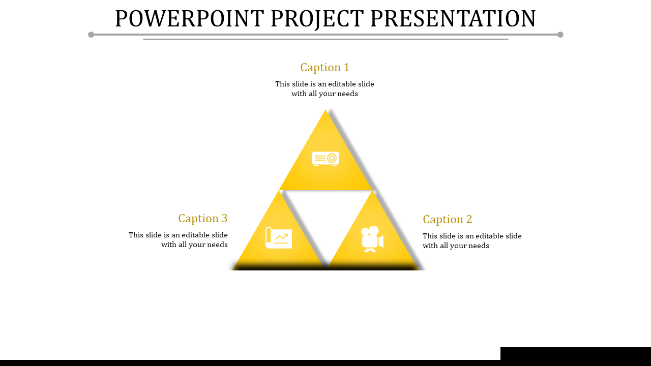 Bright yellow triangle graphic with icons representing projector, graph, and video, surrounded by captions areas.