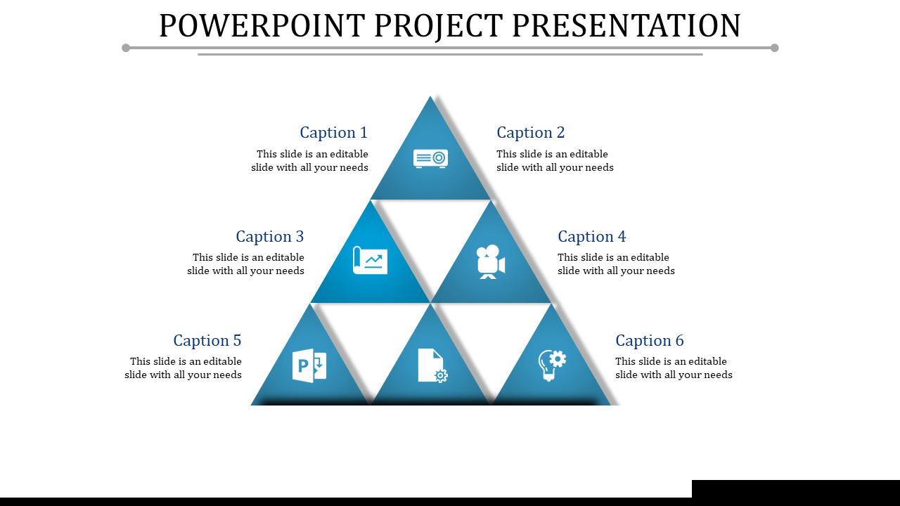 Blue triangular pyramid with six segments, each with white icons connected to captions.