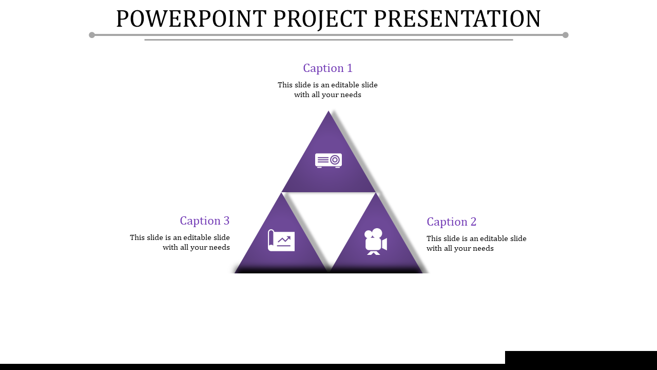 Purple triangular layout with three sections featuring icons and captions, on a white background with a gray line.