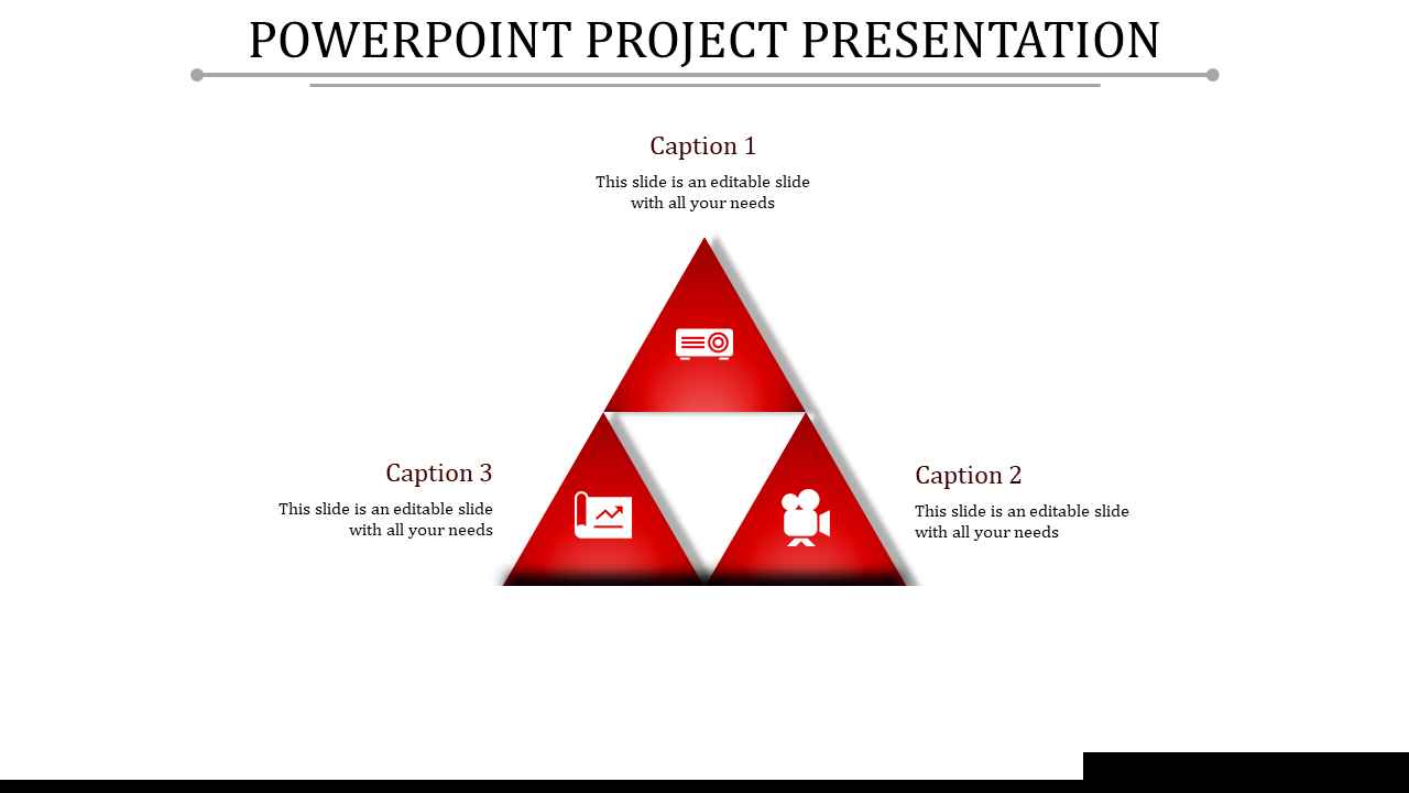 Red triangular infographic with three sections labeled Caption 3, featuring icons and text.