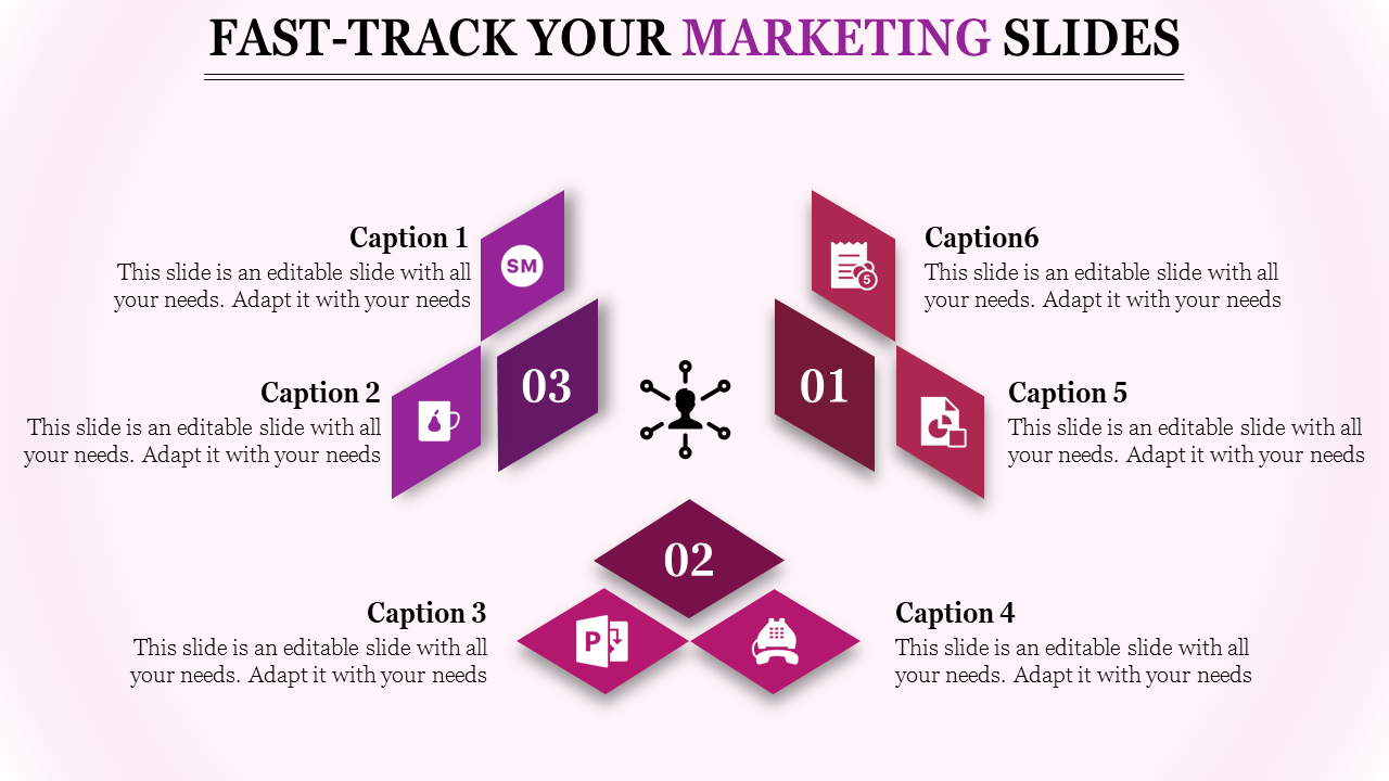 Colorful marketing slide with six sections labeled with icons for different marketing concepts, each with space for captions.