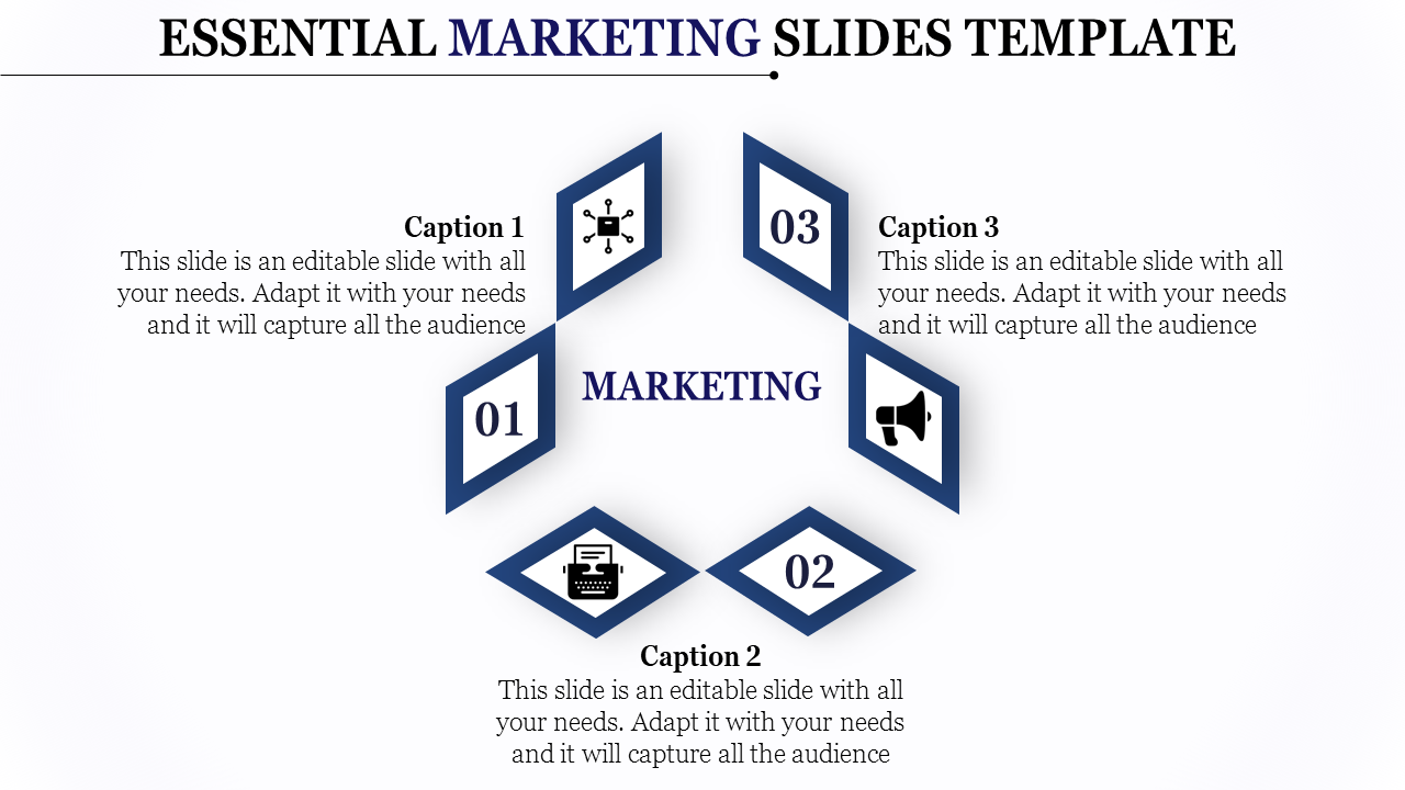 Marketing template featuring six diamond shaped elements with icons, three captions, and numbering in blue tones.