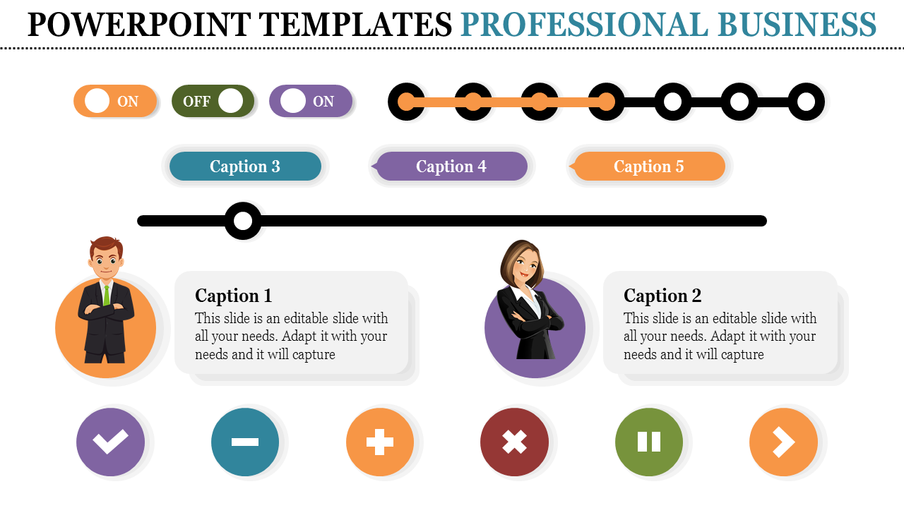 Business themed slide with toggles, a progress line, and captions paired with characters and interactive circular icons.