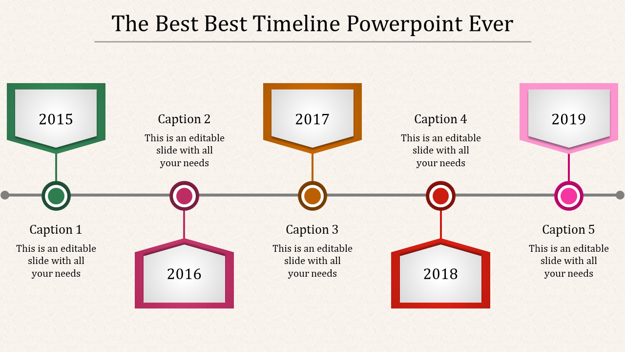 Colorful timeline with pentagonal markers in green, purple, orange, red, and pink for milestones, with captions.