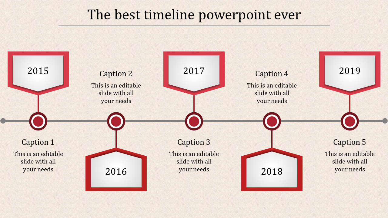 Red timeline PPT template with five stages from 2015 to 2019, each with a caption and year with placeholder text.