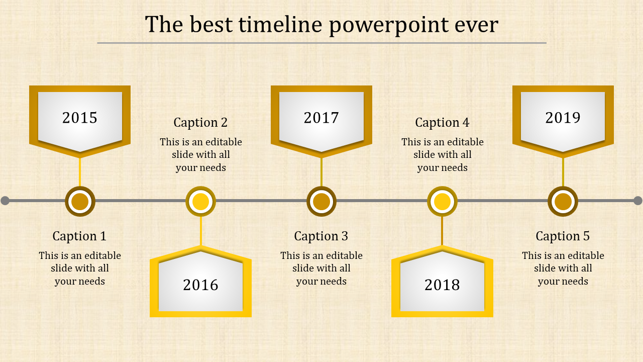 Yellow hexagon timeline showing years 2015 to 2019 with captions areas placed in a beige background.
