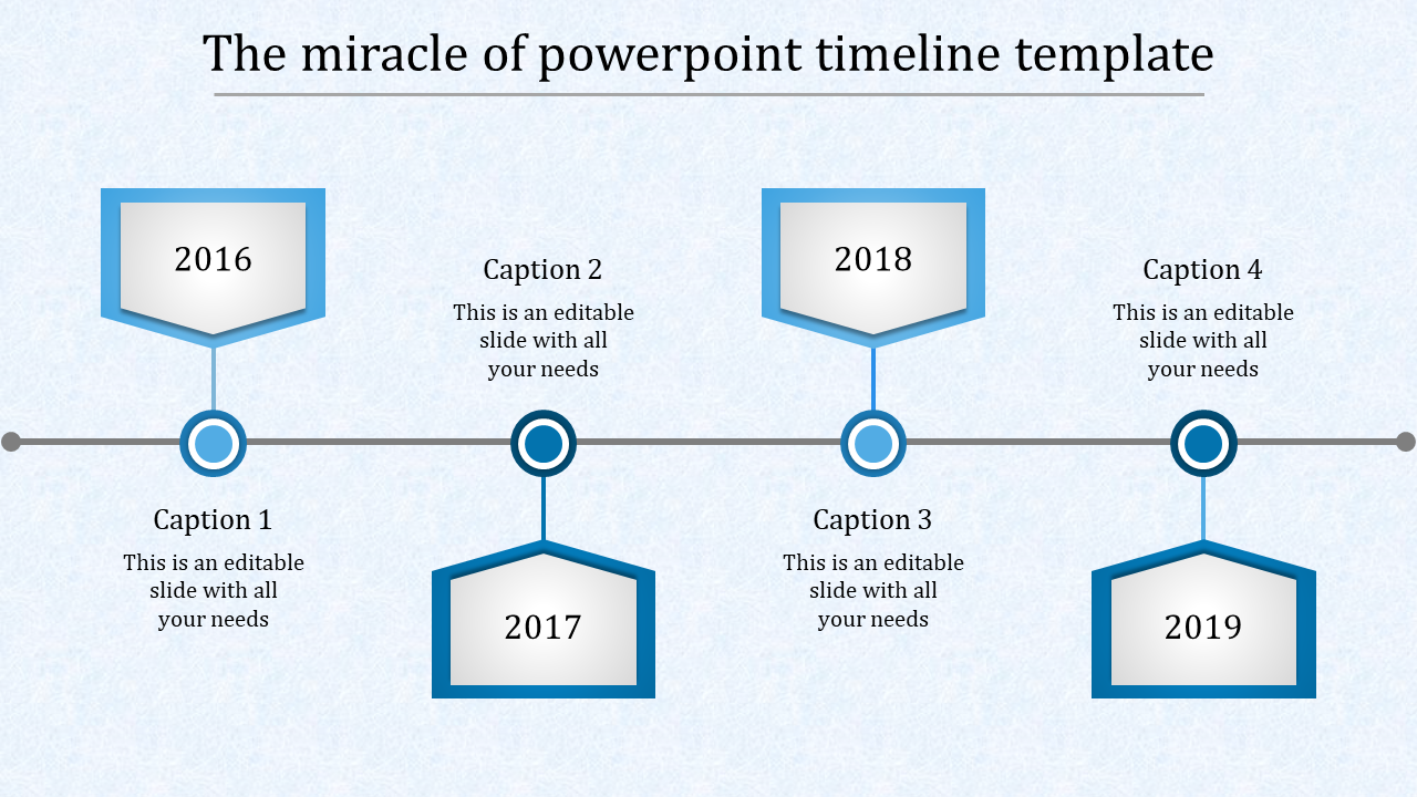 Hexagonal timeline in blue theme showing years from 2016 to 2019 each with caption areas placed in a bright background.