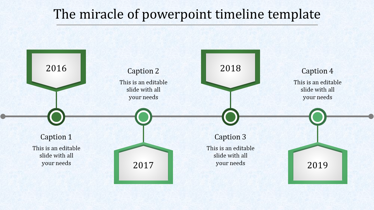 Green themed timeline showing milestones for 2016 to 2019, with captions and pentagonal markers on a horizontal layout.