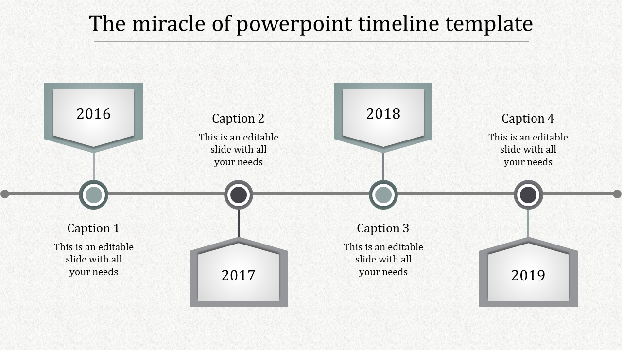 Grey timeline PowerPoint template featuring stages for 2016, 2017, 2018, and 2019 with captions and placeholder text.