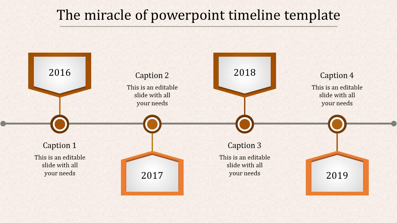 Horizontal timeline in orange theme with hexagons and captions areas showing years for 2016 to 2019.