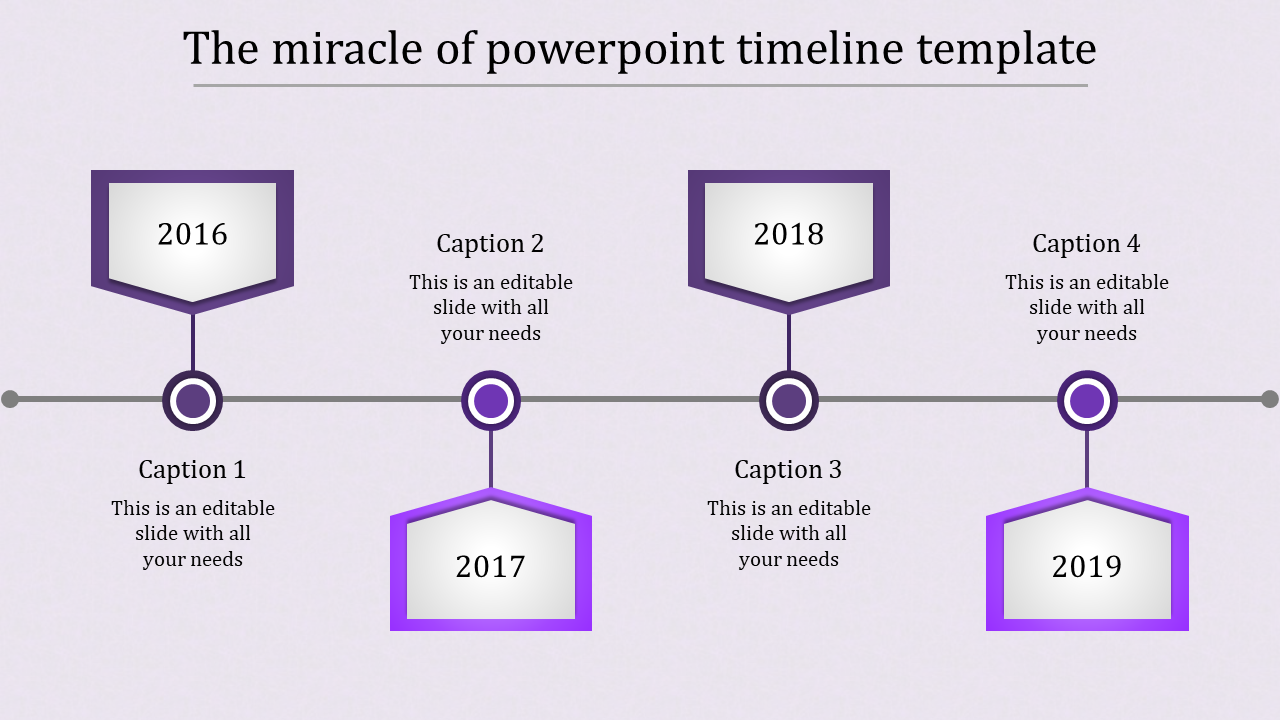 Horizontal timeline with purple pentagonal shapes marking years 2016 to 2019, connected by circles and captions.