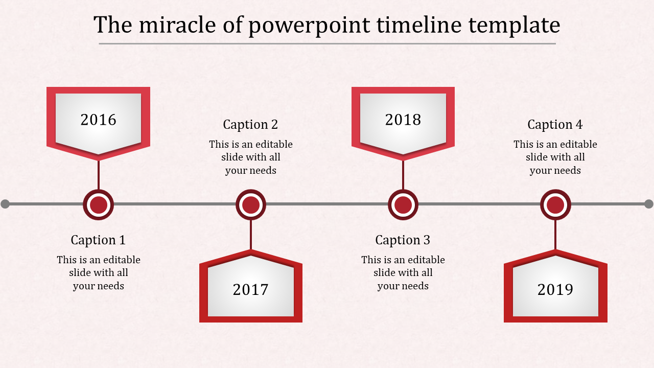 Red timeline PowerPoint template featuring stages for 2016, 2017, 2018, and 2019 with captions and placeholder text.