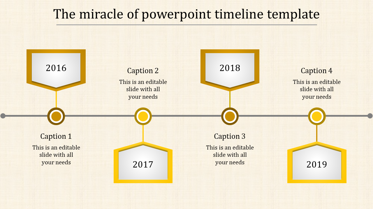 Horizontal timeline with yellow hexagons labeled 2016 to 2019 each with a caption areas placed in a beige background.