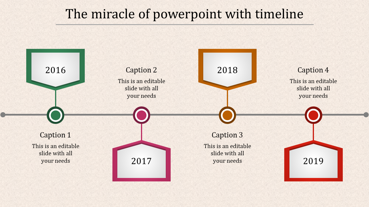 Timeline PPT template with colored stages for 2016, 2017, 2018, and 2019, with captions for each year with placeholder text.