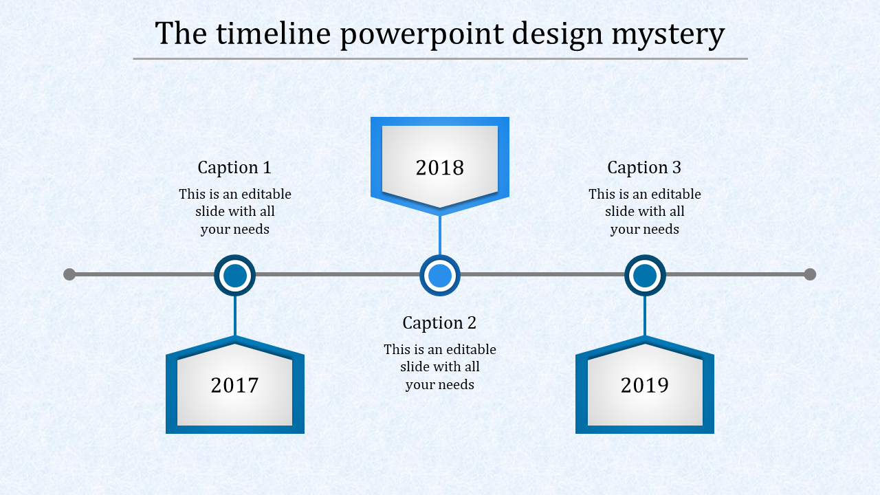 Blue timeline PowerPoint template featuring years 2017, 2018, and 2019 with captions and placeholder text.