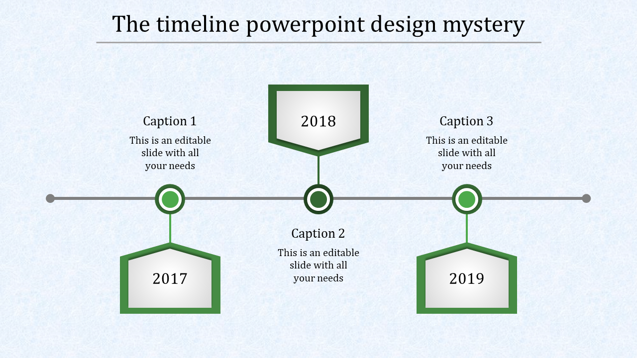 Green hexagon timeline showing 2017, 2018, and 2019 with captions areas placed in a white background.