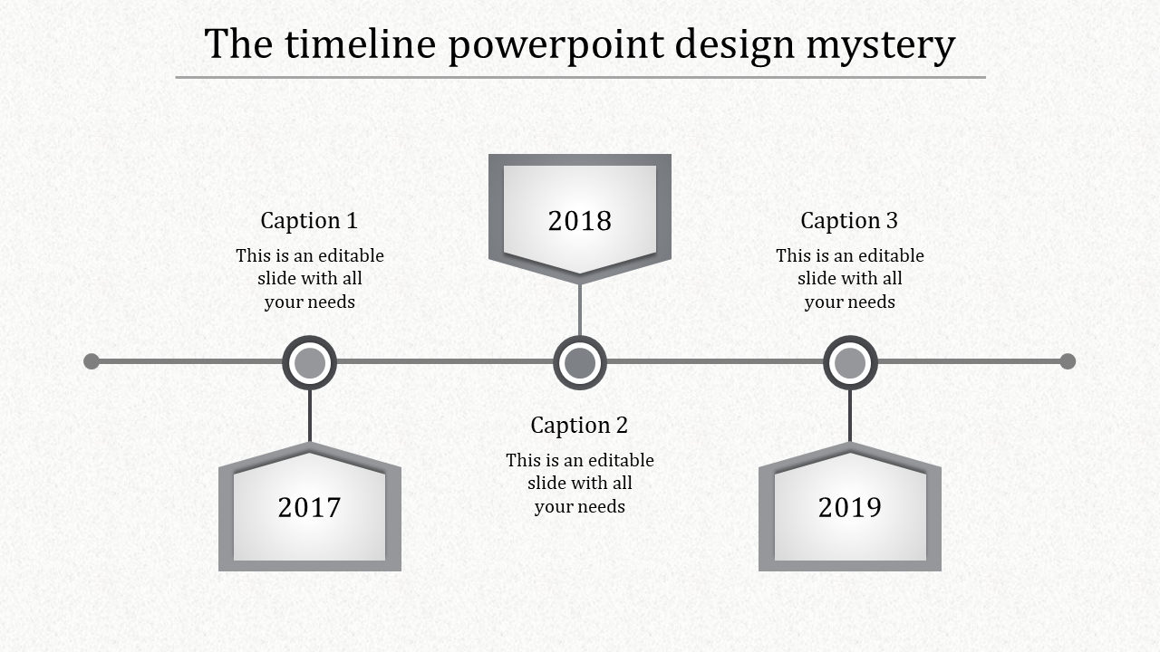 Gray themed timeline featuring three milestones with circular markers and hexagonal labels for each year.