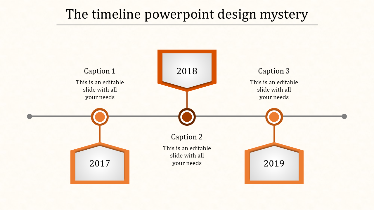 Orange hexagon timeline showing years 2017, 2018, and 2019 with captions areas placed in a white background.