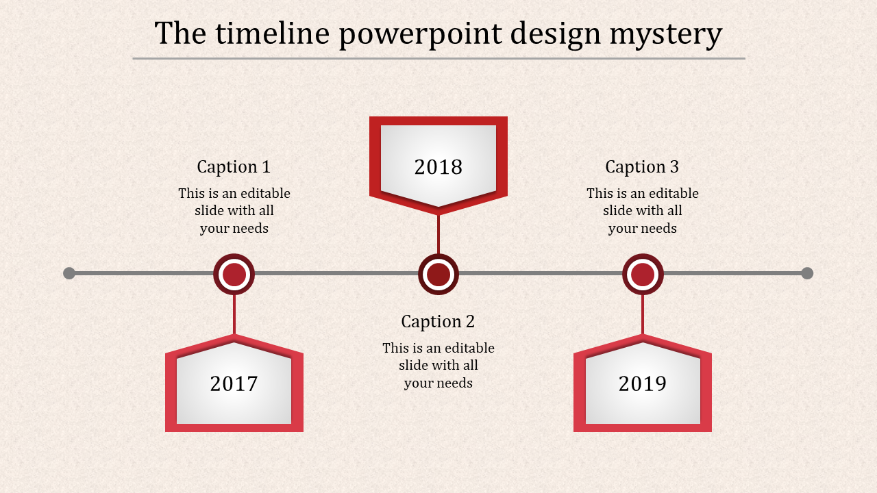 Timeline design slide featuring red milestones for 2017, 2018, and 2019 with custom captions.