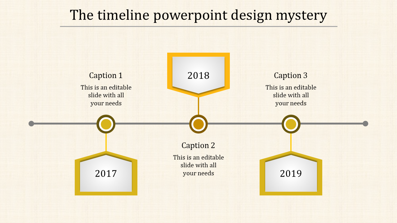 Yellow timeline with hexagons for years 2017, 2018, and 2019 with captions areas placed in a white background.