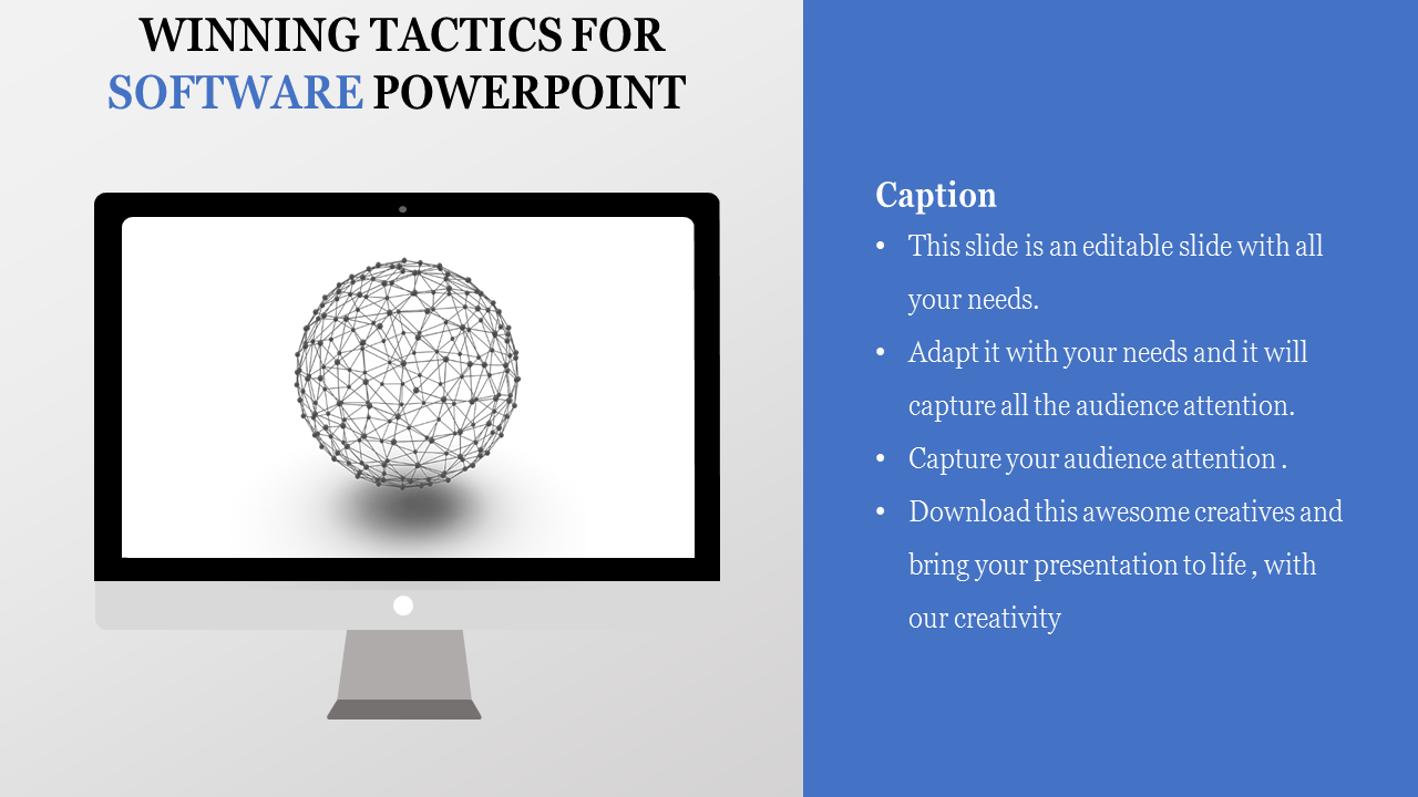 Monitor displaying a spherical mesh structure, accompanied by a blue text box for software-related content.
