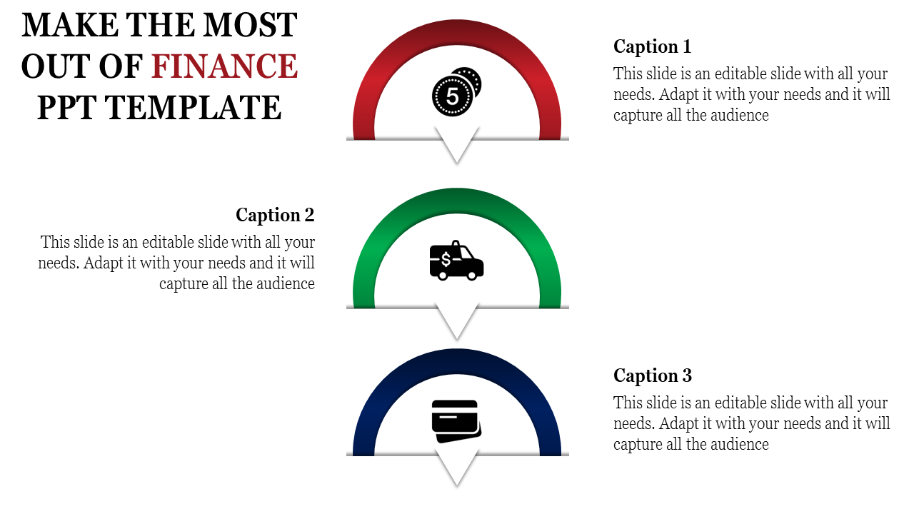 Finance PowerPoint template with icons representing money, transportation, and banking with captions.