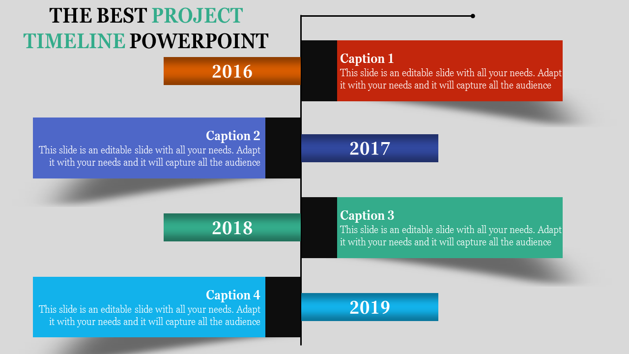 Project timeline PowerPoint template with four colorful year markers and accompanying captions.