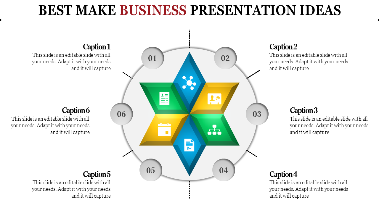3D hexagonal star infographic with six colored sections containing icons for business planning and communication.