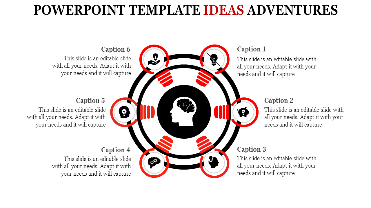 Infographic slide with a black and red circle, a brain icon, and six segments for teamwork, innovation, and ideas.
