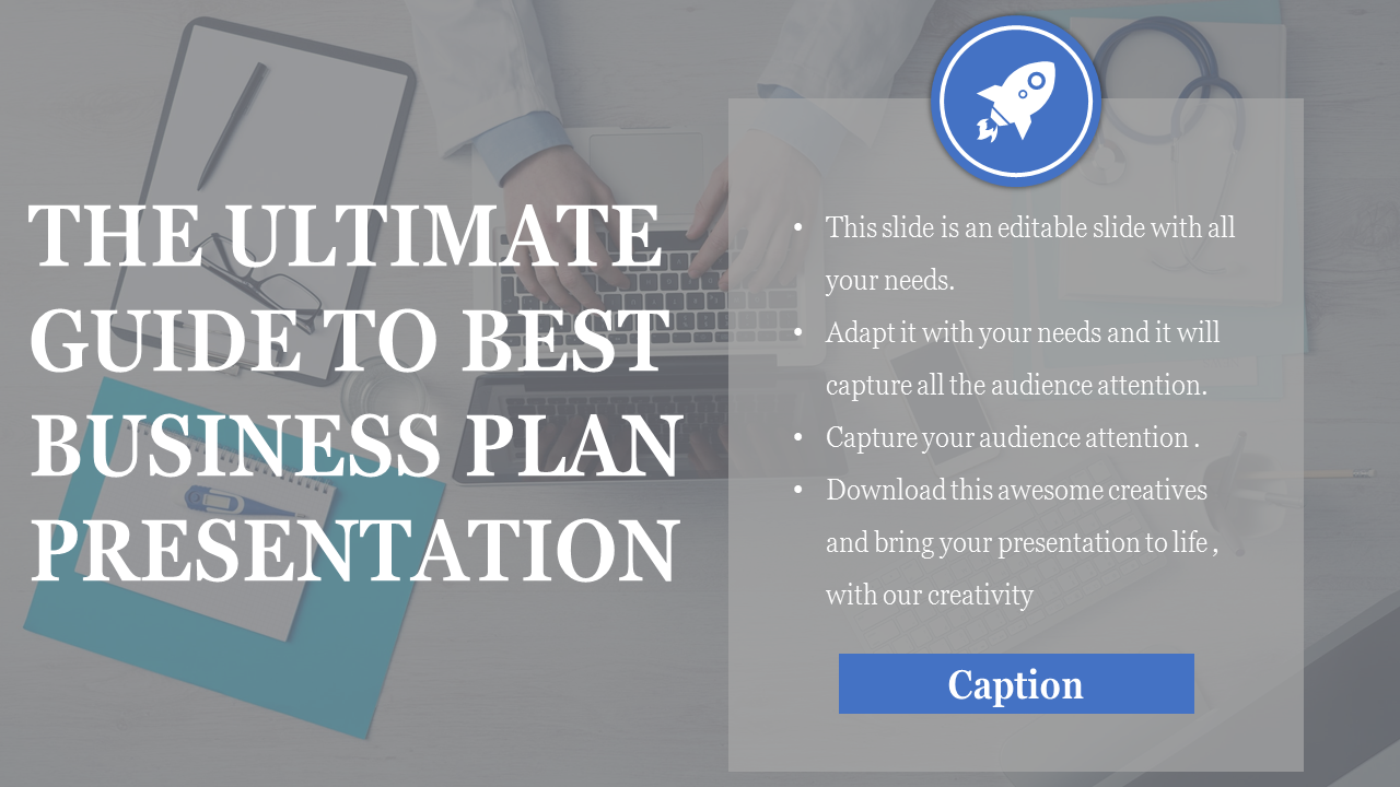 Business themed slide with a laptop, stethoscope, and office supplies overlaid with a text box and blue rocket icon.