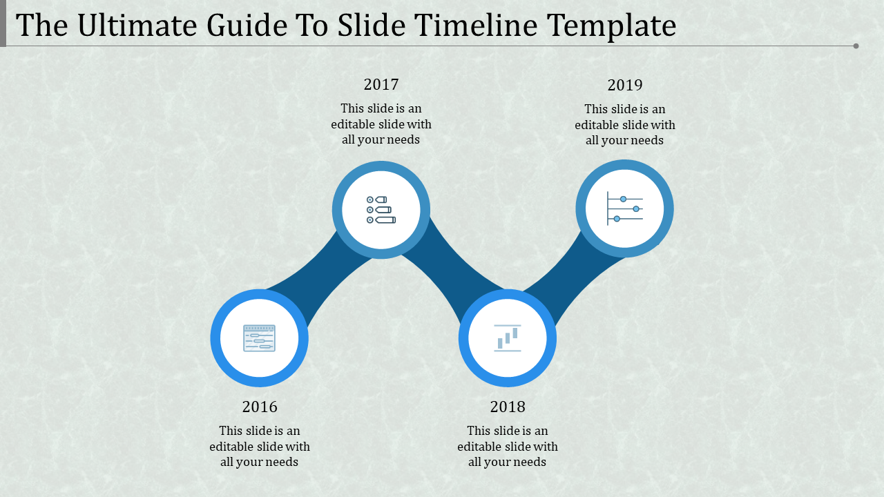 Blue circular timeline design with milestones and captions labeled from 2016 to 2019 linked by a flowing line.