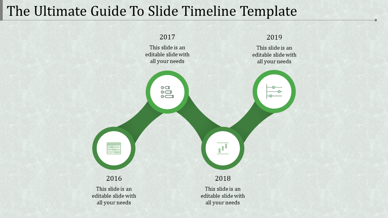 Green circle based timeline with a wavy connection path and white icons displayed against a light textured background.