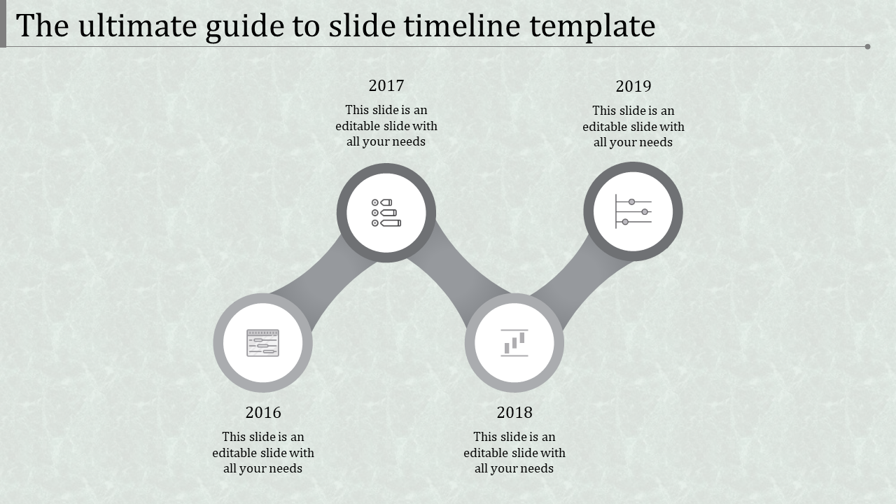 Timeline PowerPoint template with years 2016 to 2019, featuring various icons for each year with placeholder text.