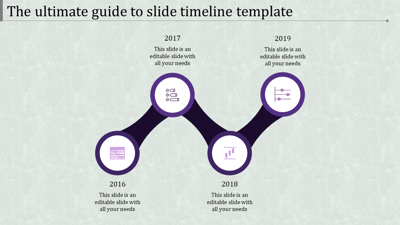 Purple timeline infographic with circular icons and year markers from 2016 to 2019 connected by a curved path.