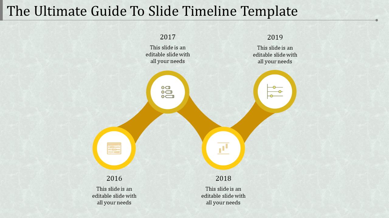 Timeline PowerPoint template with years 2016 to 2019, featuring various yellow icons for each year with placeholder text.