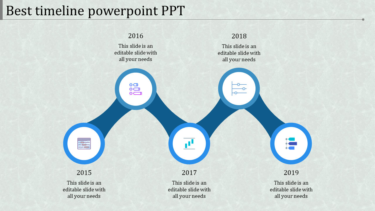 PowerPoint timeline with four years 2015, 2016, 2017, and 2018, each with icons representing different stages.