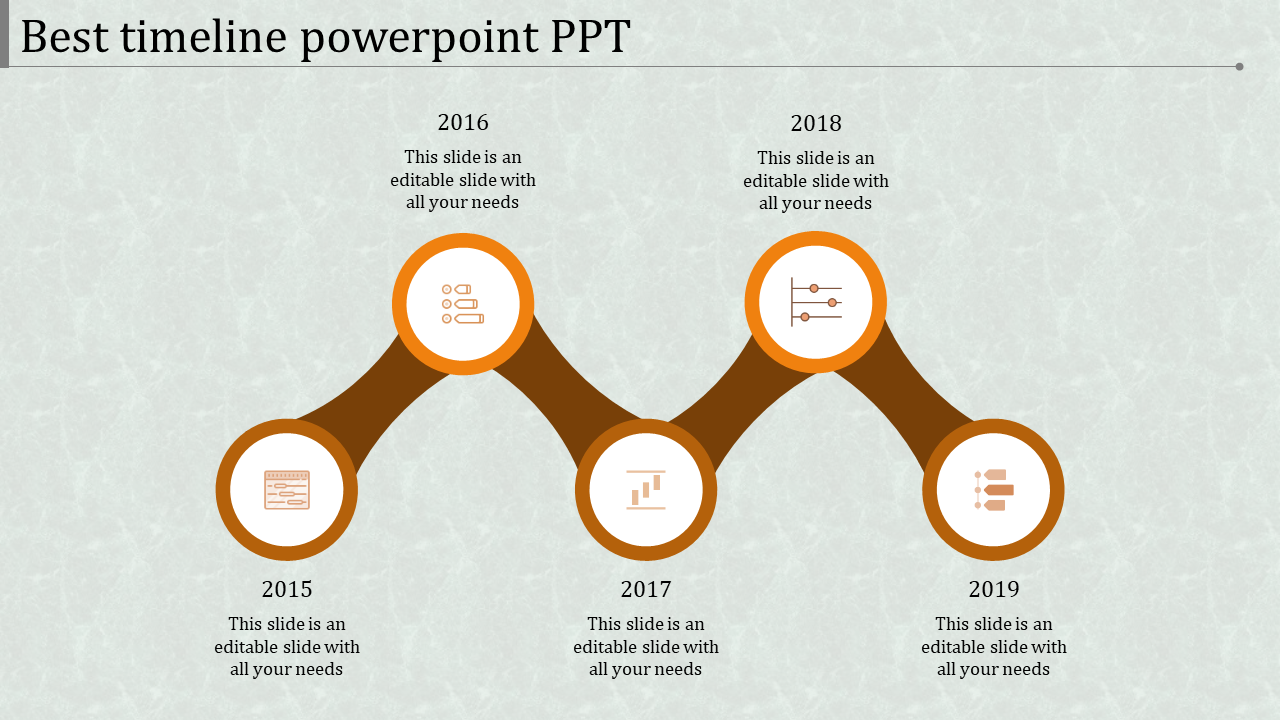 PowerPoint timeline slide with years 2015 to 2019, each year marked with icons representing different milestones.