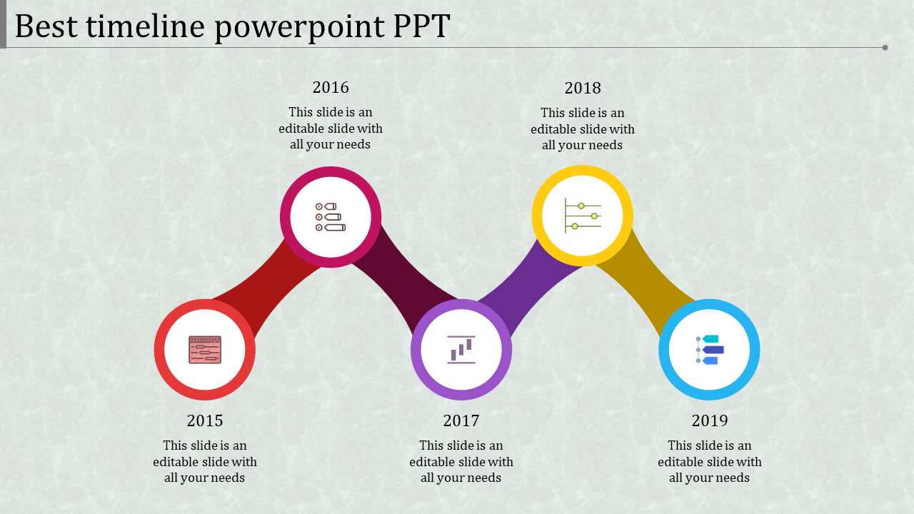 Timeline design with red, pink, purple, yellow, and blue nodes, connected by smooth arcs on a soft gray background.