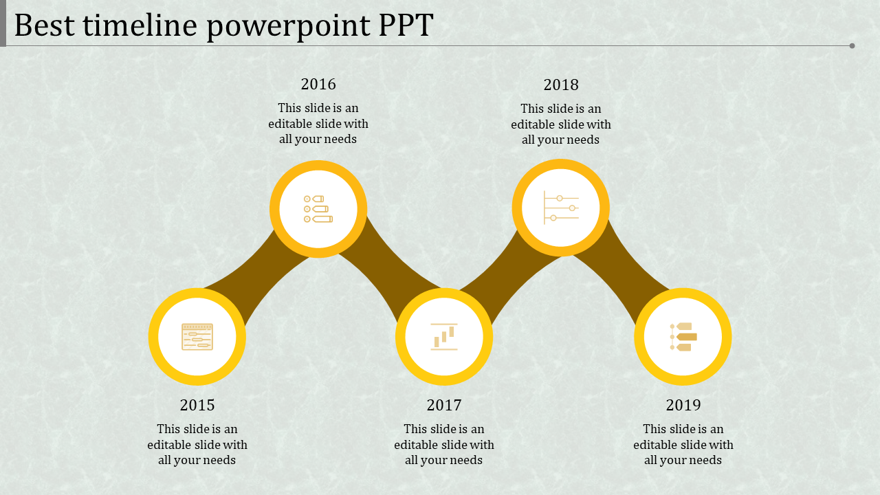 PowerPoint timeline slide with years 2015 to 2019, each year marked with icons representing different yellow milestones.