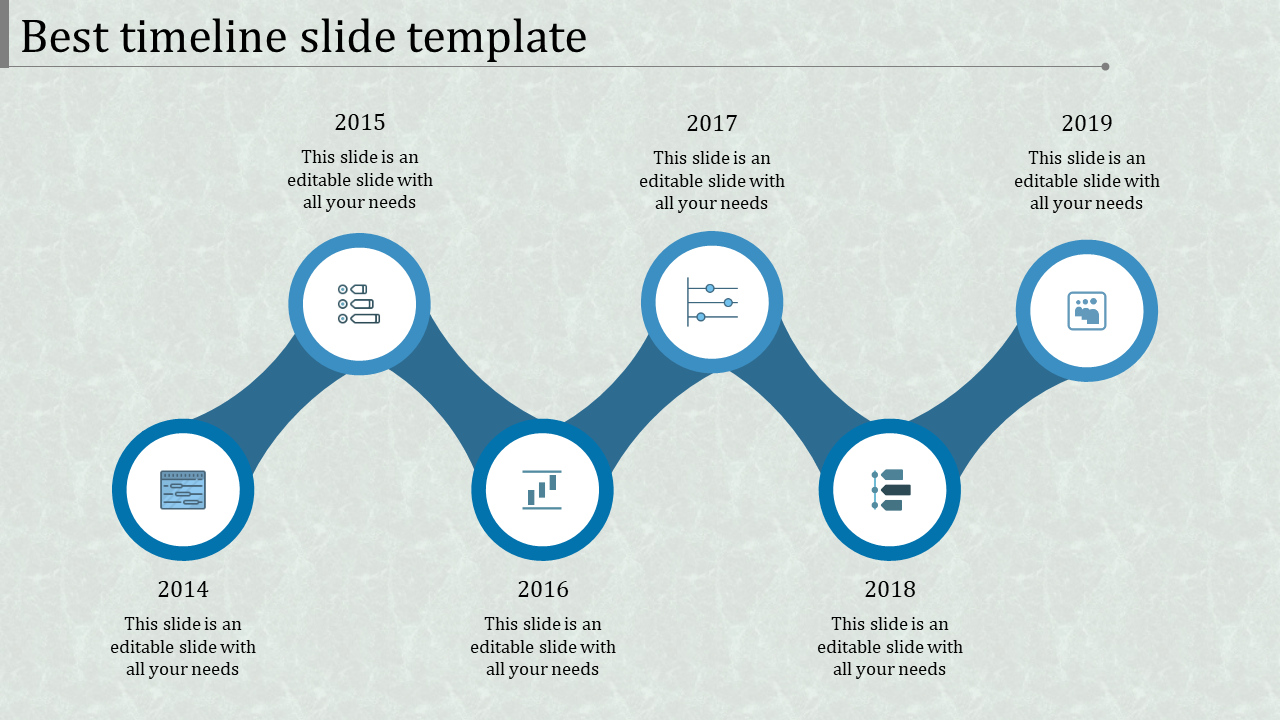 Blue timeline PowerPoint slide with years 2014 to 2019, each year linked with icons representing different topics.