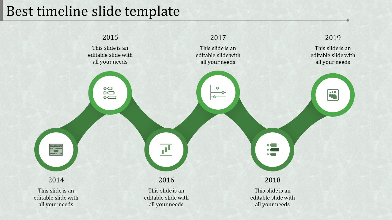 Green circular nodes connected by arcs, illustrating a timeline from 2014 to 2019 with icons inside each circle.
