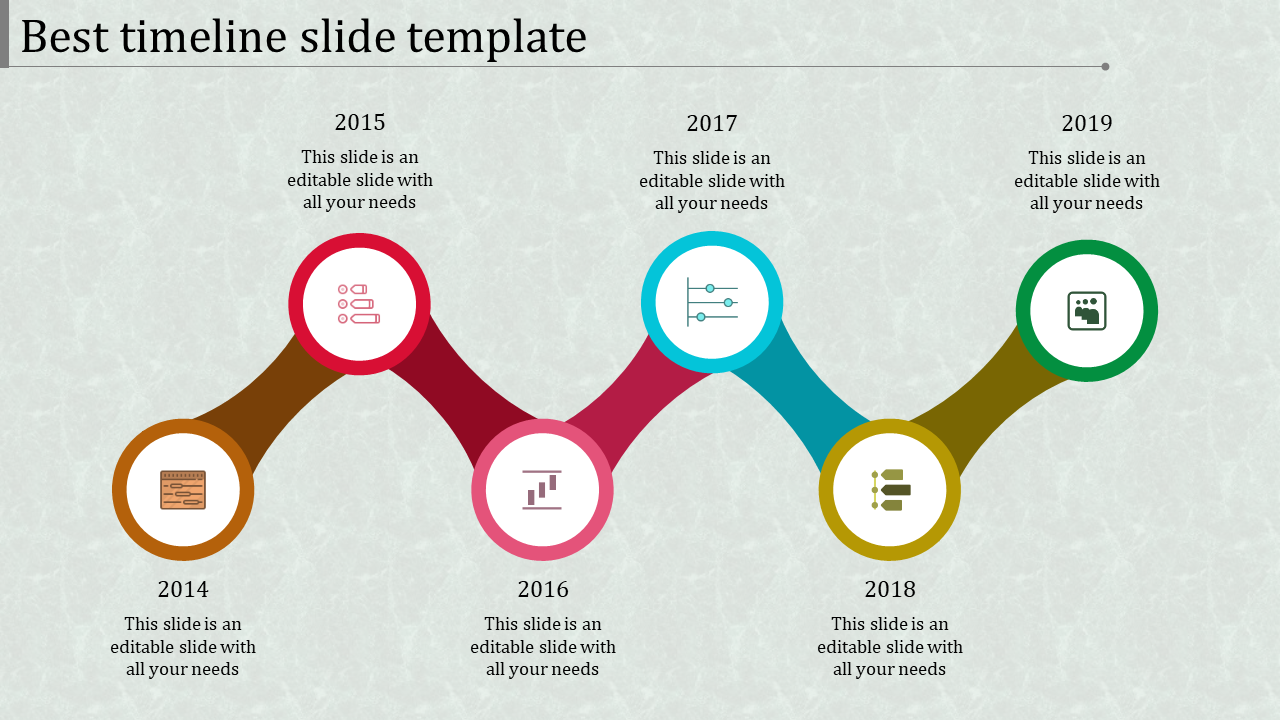 Multicolor circular timeline nodes linked by arcs, highlighting milestones from 2014 to 2019 on a pale backdrop.